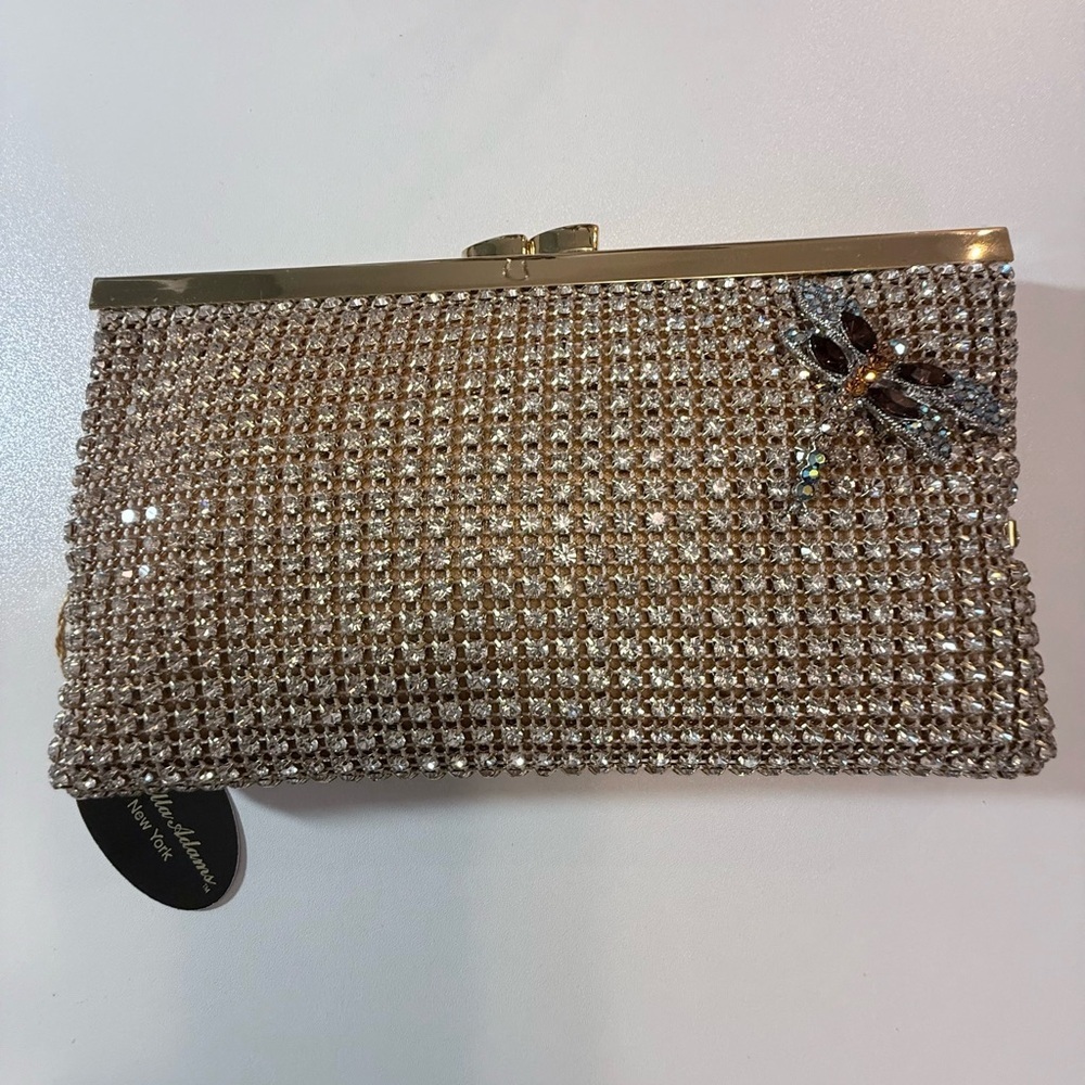Embellished Gold Crystal Mesh Clutch with Dragonfly Accent